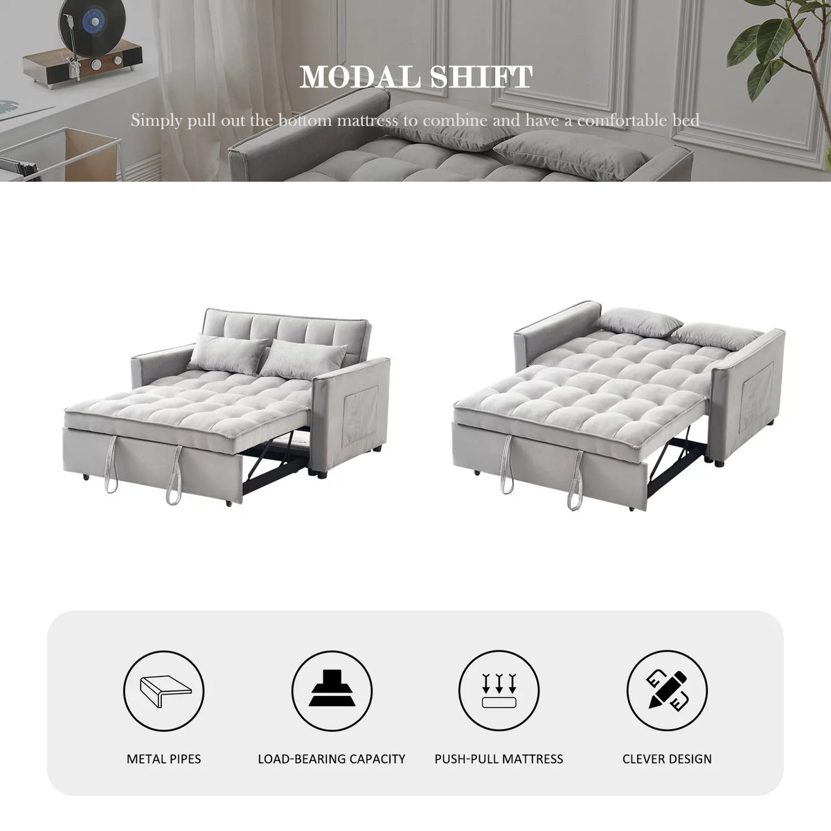 55.5'' Velvet Convertible Sleeper Sofa Bed E929604