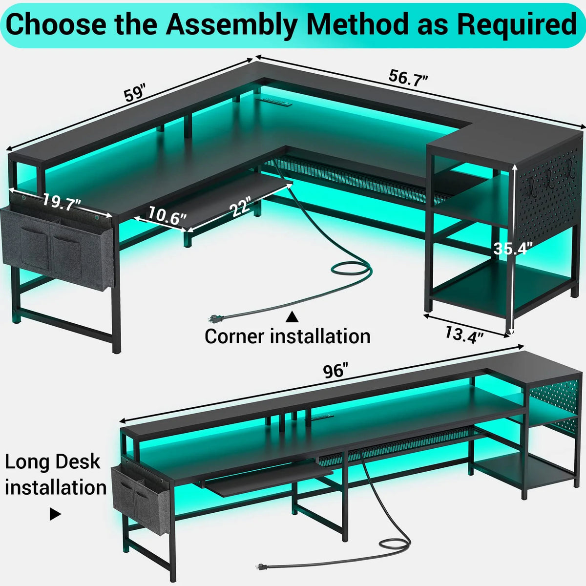 L Shaped Gaming Desk with Power Outlets and LED Strip F76466