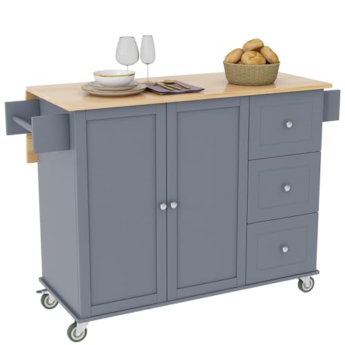 Grey Blue 52.7 Inch Kitchen Island with Drop Leaf D7202