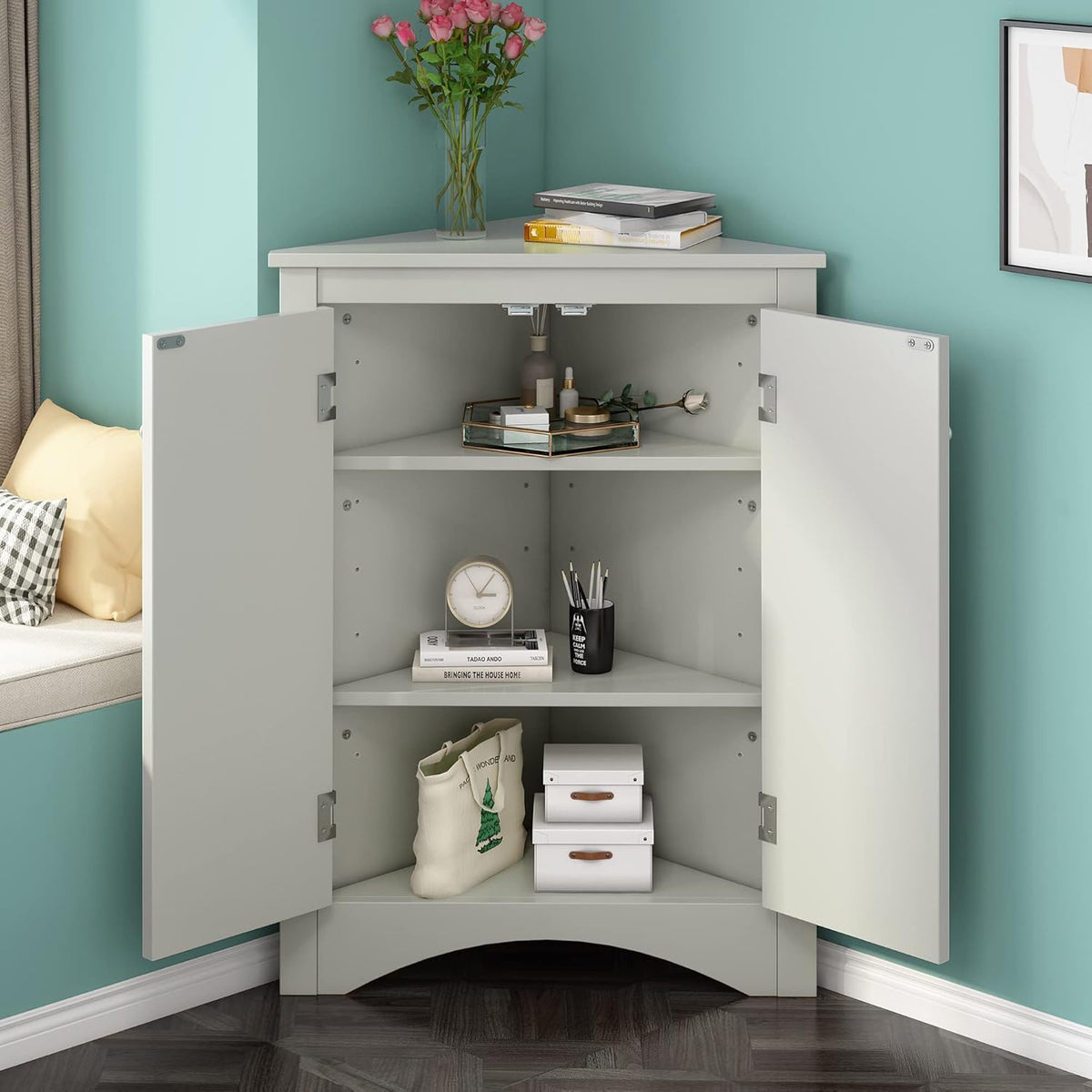 Grey Freestanding Corner Cabinet with Adjustable Shelves J721