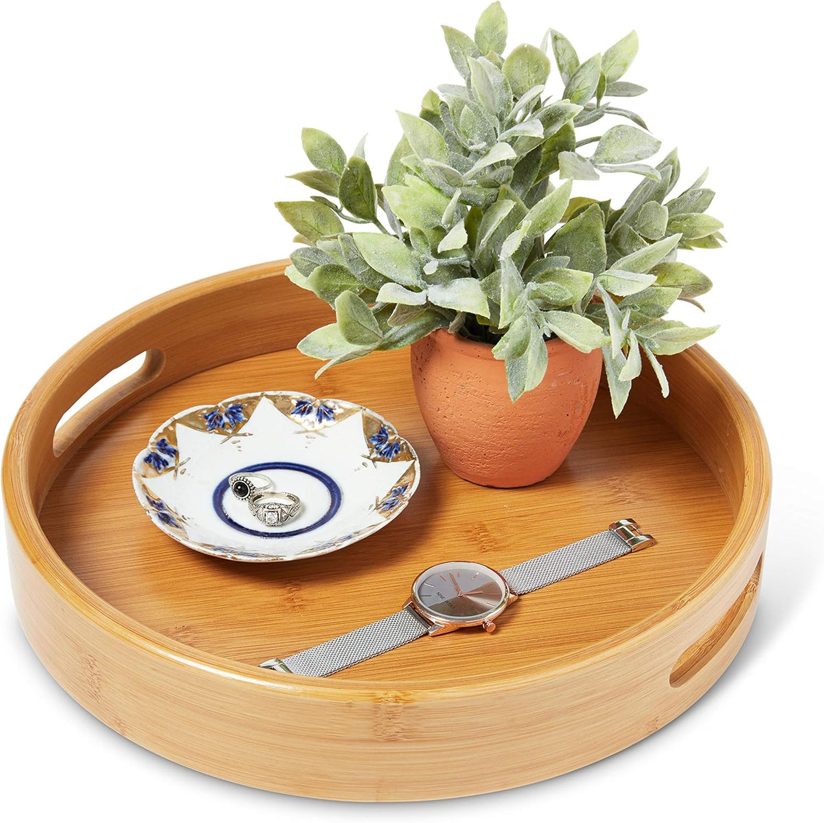 Round Wooden Ottoman Tray 12 Inches Natural Serving Tray with Handles H59024