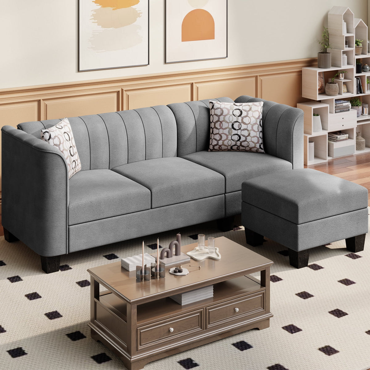 Black L Shaped Linen Fabric Sectional Sofa V106