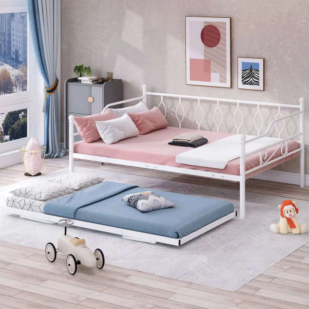 Full Size White Metal Daybed with Twin Size Adjustable Trundle C687911