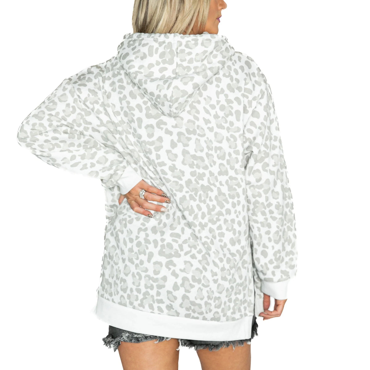 White Leopard Side Slit Pullover Hoodie R9319