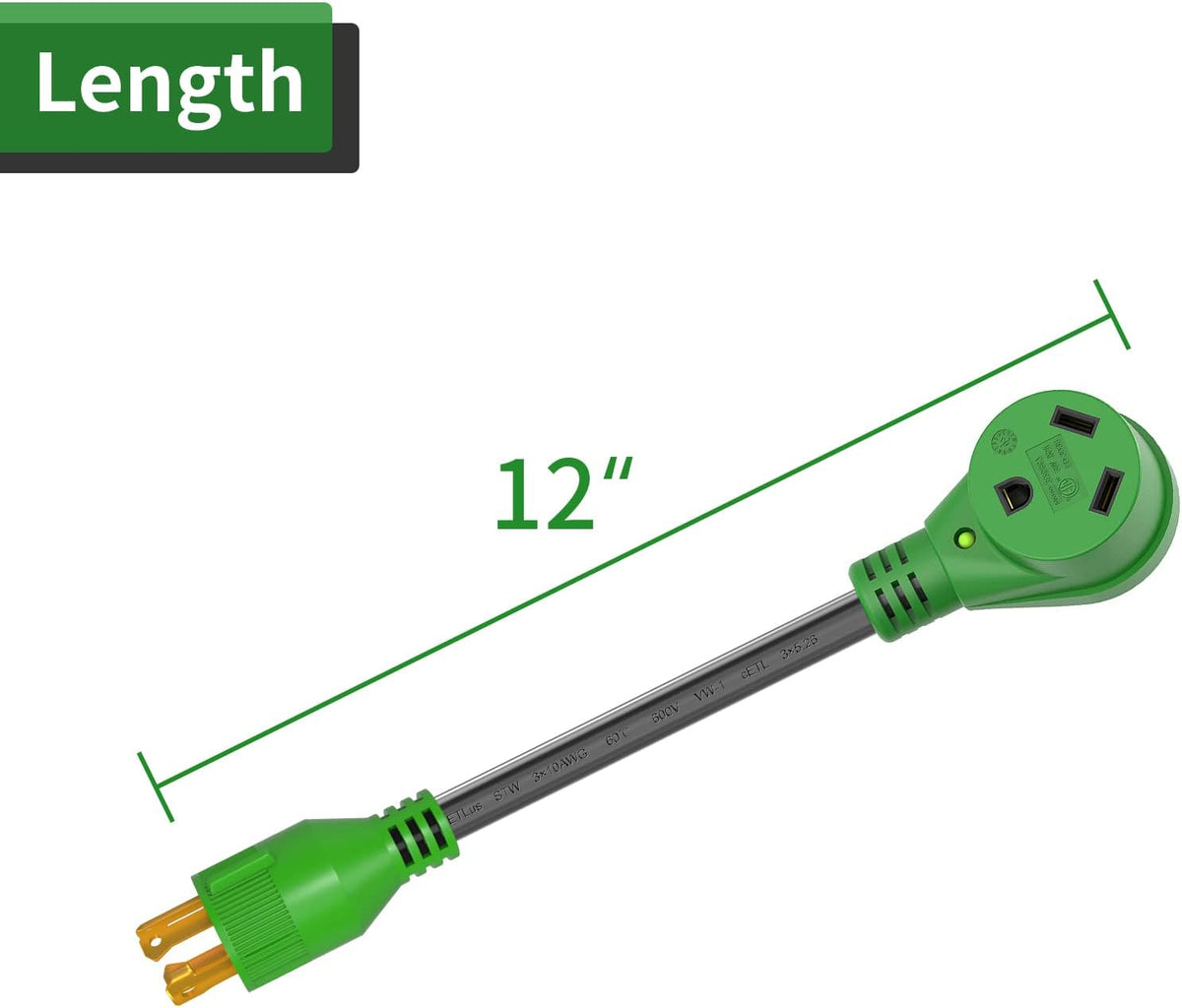 4 Prong 30 Amp to 30 Amp RV Generator Adapter Cord 12 Inch, STW 10/3, L14-30P to TT-30R, Green G484275