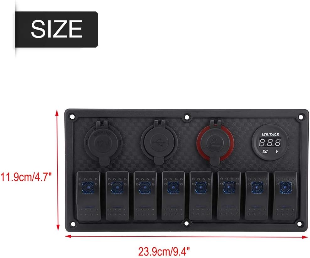 Blue LED 8 Gang 12V 24V Aluminium Rocker Switch Panel with Dual USB Voltmeter Cigarette Lighter Pack of 2 A221466