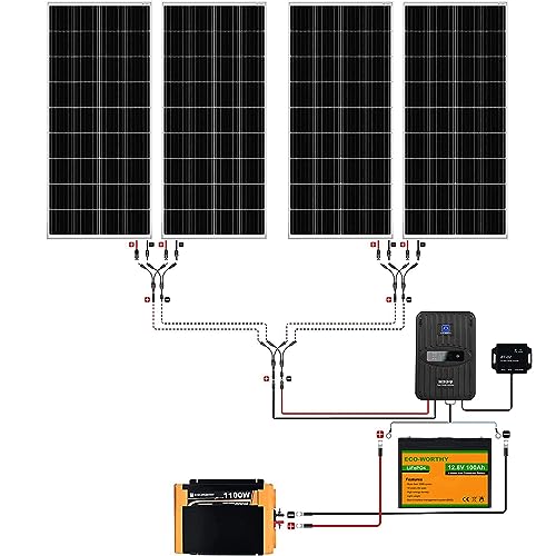 1.6KWH Complete Solar Panel Kit 400W 12V with 40A MPPT Charge Controller, 12V 100Ah Lithium Battery, 1100W Solar Power Inverter, Bluetooth Module A697522