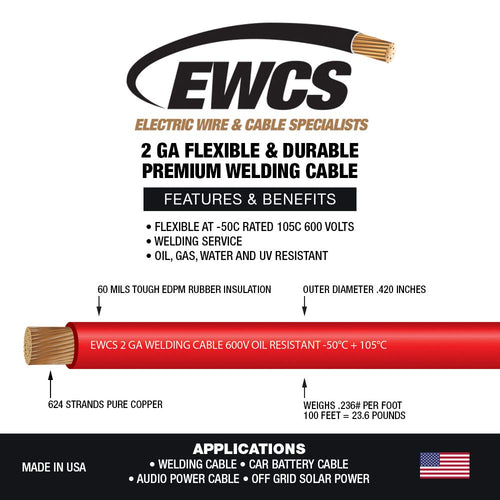 2 Gauge Flexible Welding Cable 600 Volt Red 25 Feet J11997