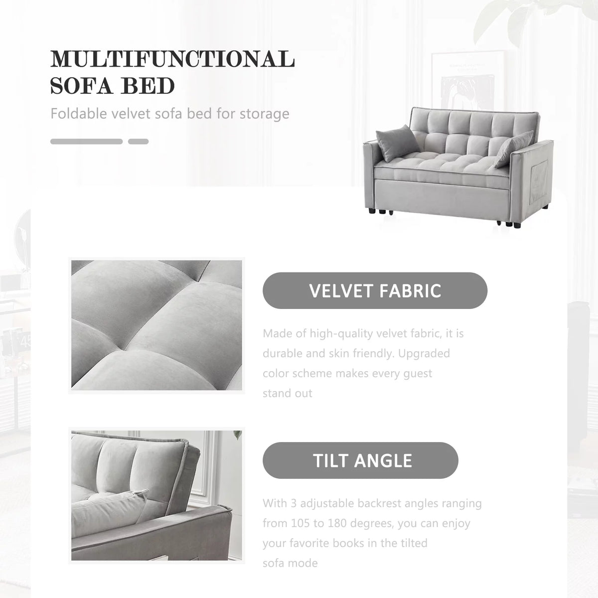 55.5'' Velvet Convertible Sleeper Sofa Bed E929604