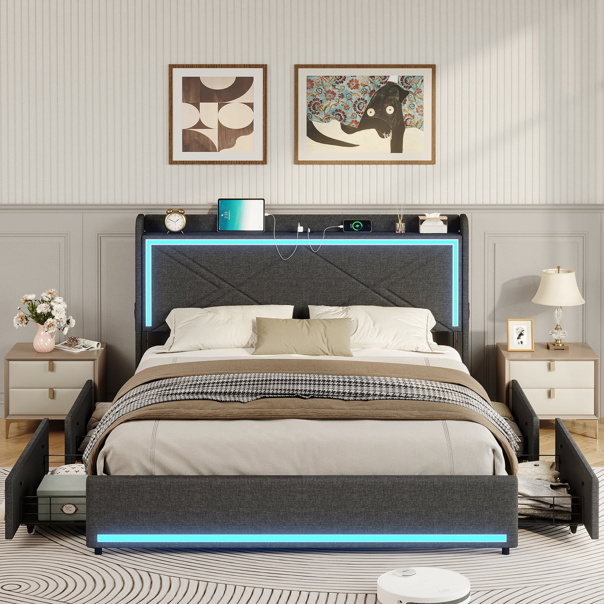 Queen Bed Frame with LED Lights Headboard and Charging Station, Upholstered Platform Bed with Storage Drawers, Dark Gray O735343