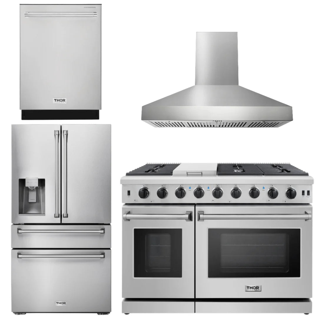 48 Propane Gas Range, Range Hood, Dishwasher, Refrigerator with Water and Ice Dispenser E830176