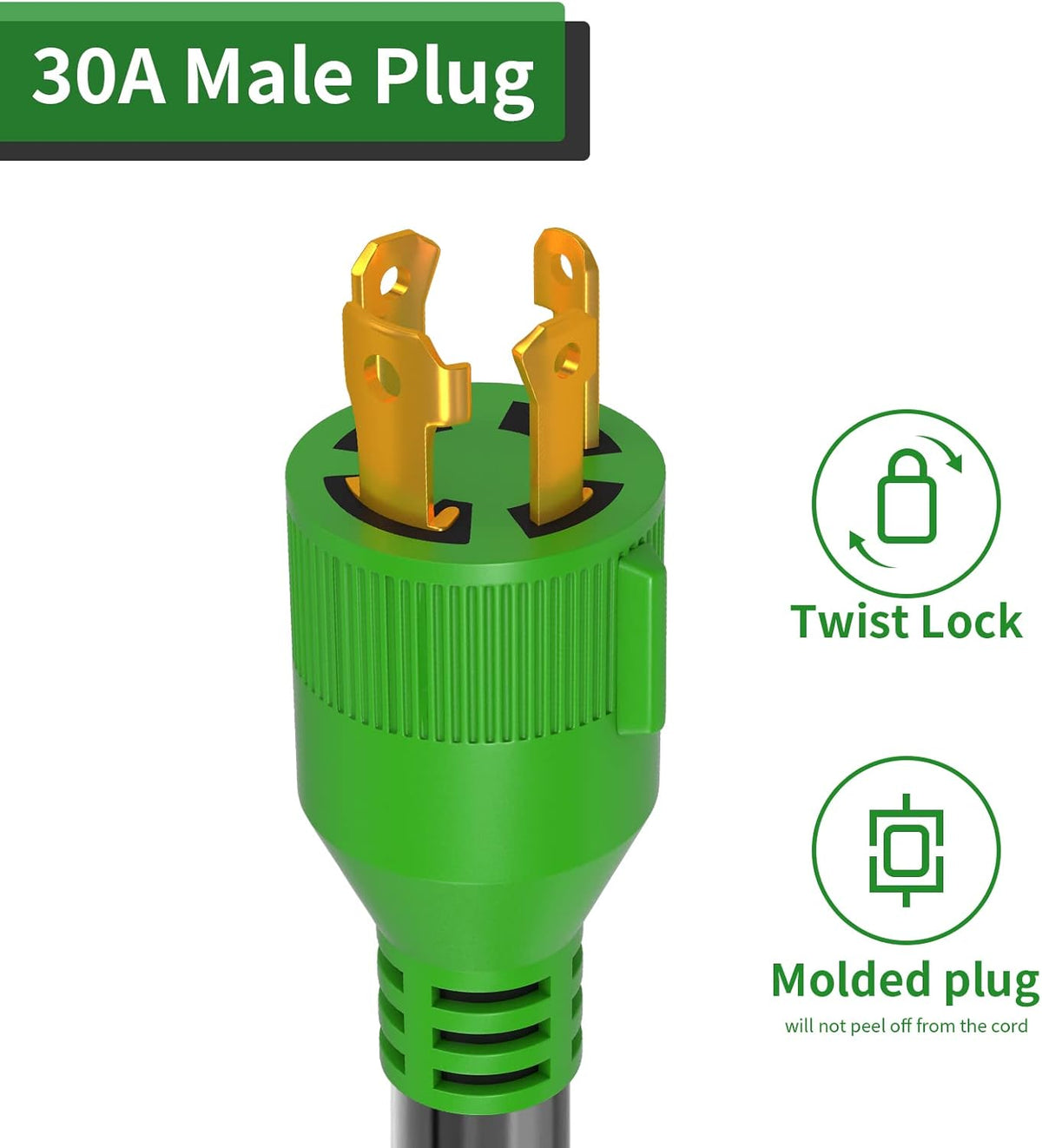 4 Prong 30 Amp to 30 Amp RV Generator Adapter Cord 12 Inch, STW 10/3, L14-30P to TT-30R, Green G484275