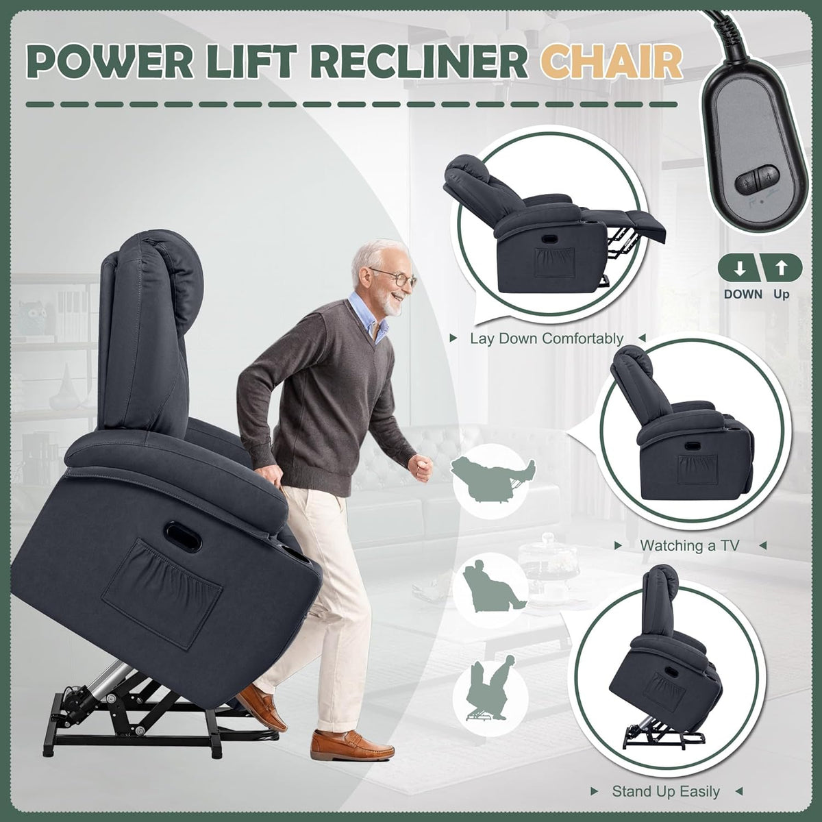 Blue Fabric Power Lift Recliner Chair with Massage and Heat S883