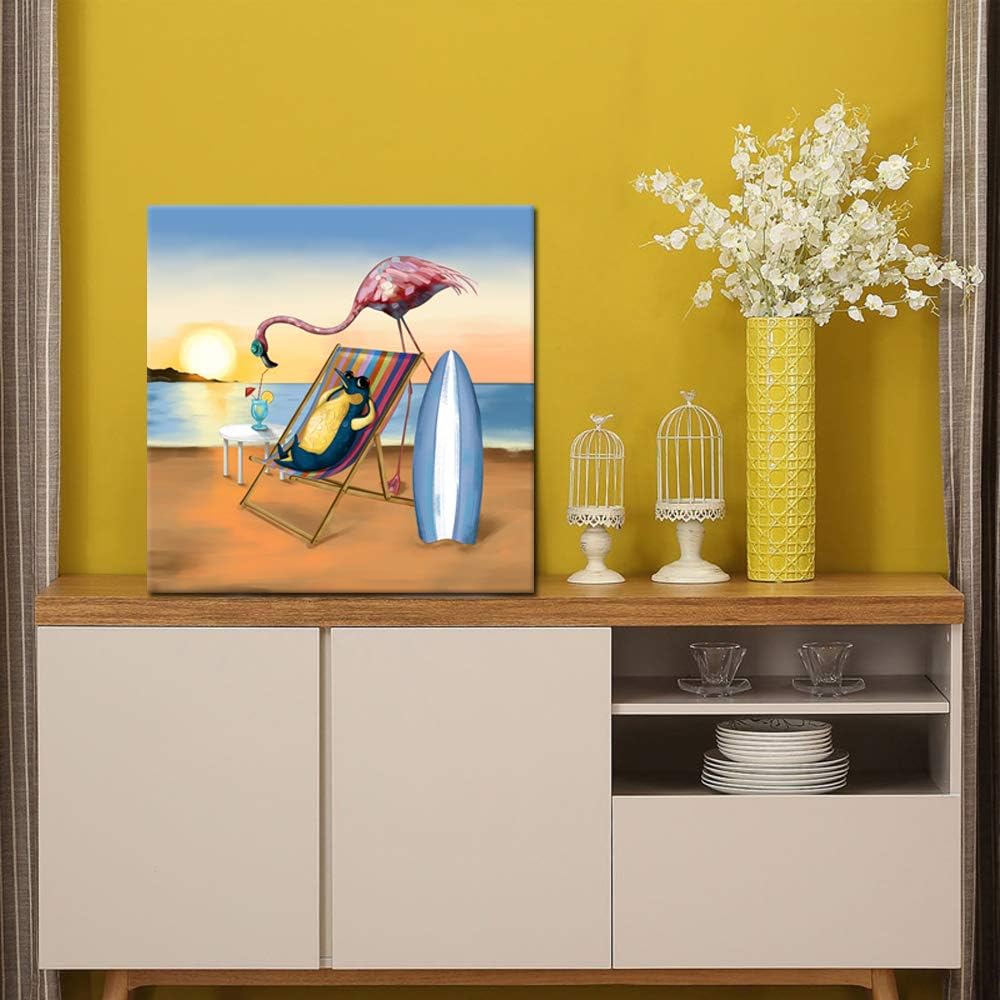 Funny Animal Flamingo and Penguin on Beach Vacation Canvas Prints Painting with Stretched Frame Wall Art 24x24inch F659
