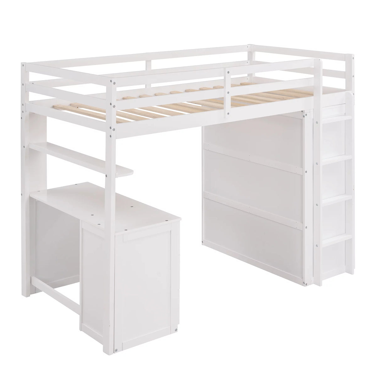 White Twin Size Wooden Loft Bed with Drawers, Desk, Wardrobe, Ladder & Safety Rails X465286