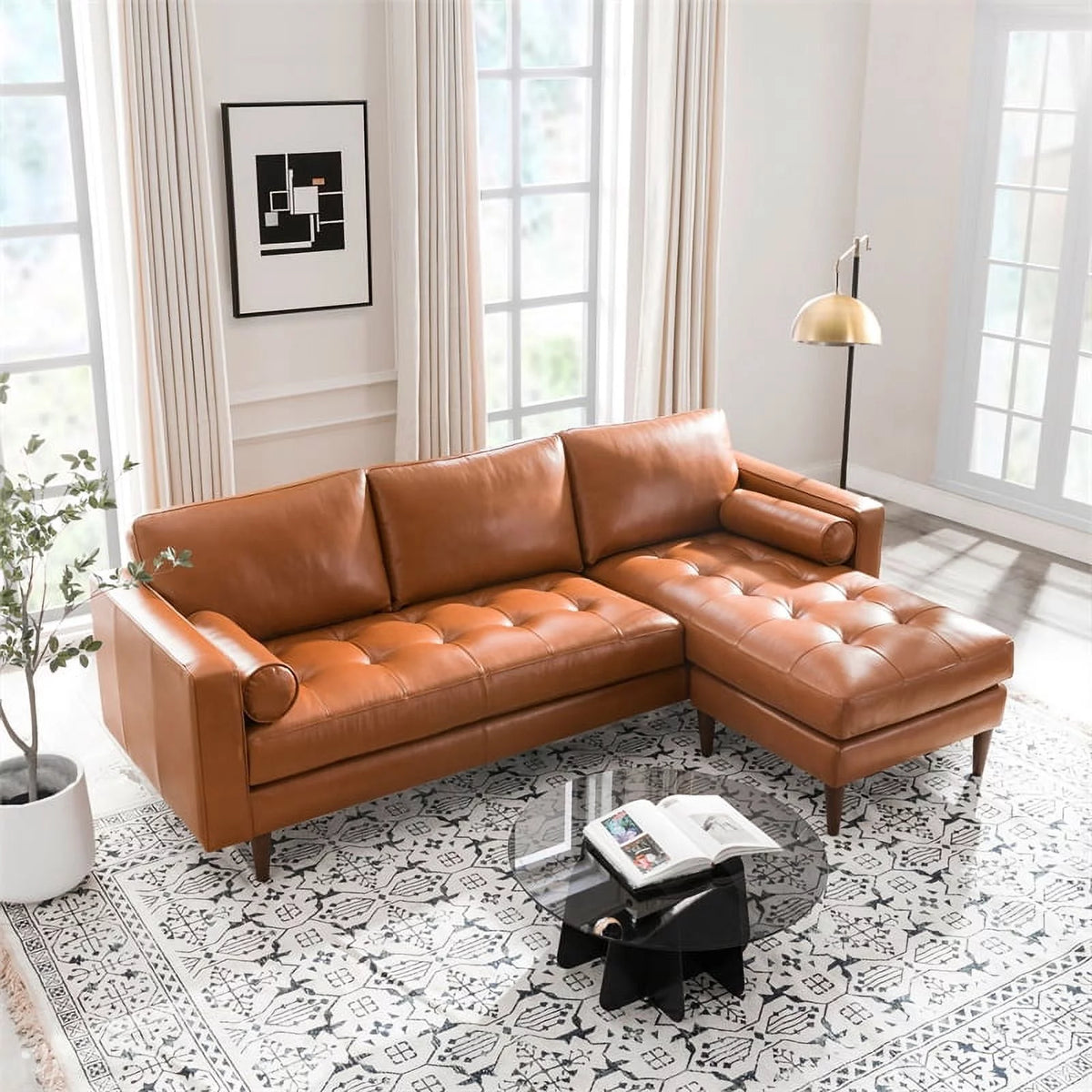 20" Camel Caramel Leather Upholstered Reversible Sectional I60855