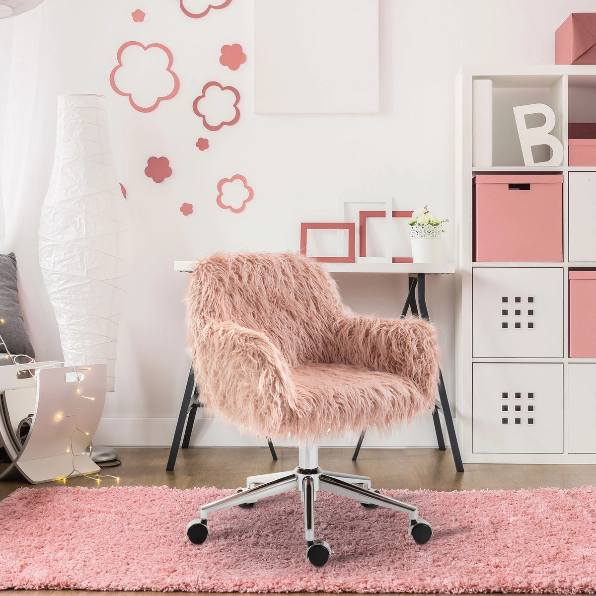 Pink Faux Fur Swivel Desk Chair with Wheels Y5716