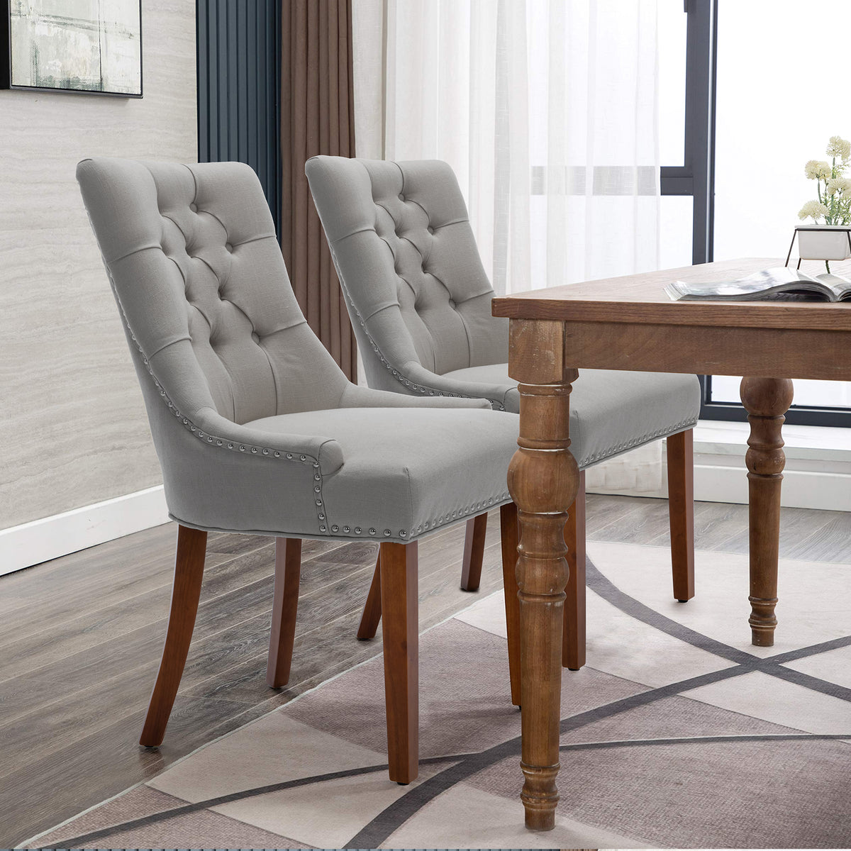 Linen Upholstered Dining Chairs Set of 2 with Solid Wood Legs, Light Gray H115