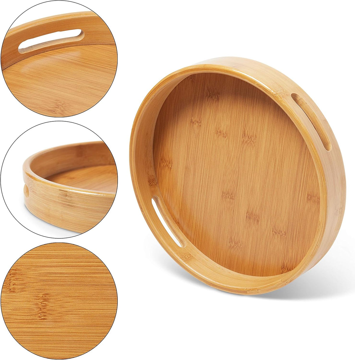 Round Wooden Ottoman Tray 12 Inches Natural Serving Tray with Handles H59024