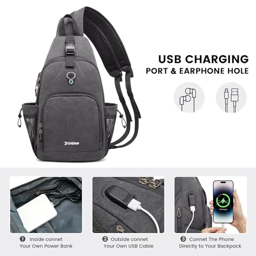 Canvas Sling Bag Crossbody Backpack with USB Charging Port (Dark Grey) O2178