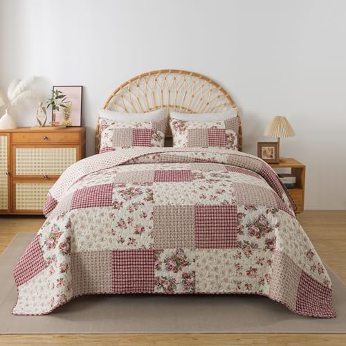 Neutral Floral & Cream Cotton Pieced Quilt Set, Queen Size with 2 Shams K92709