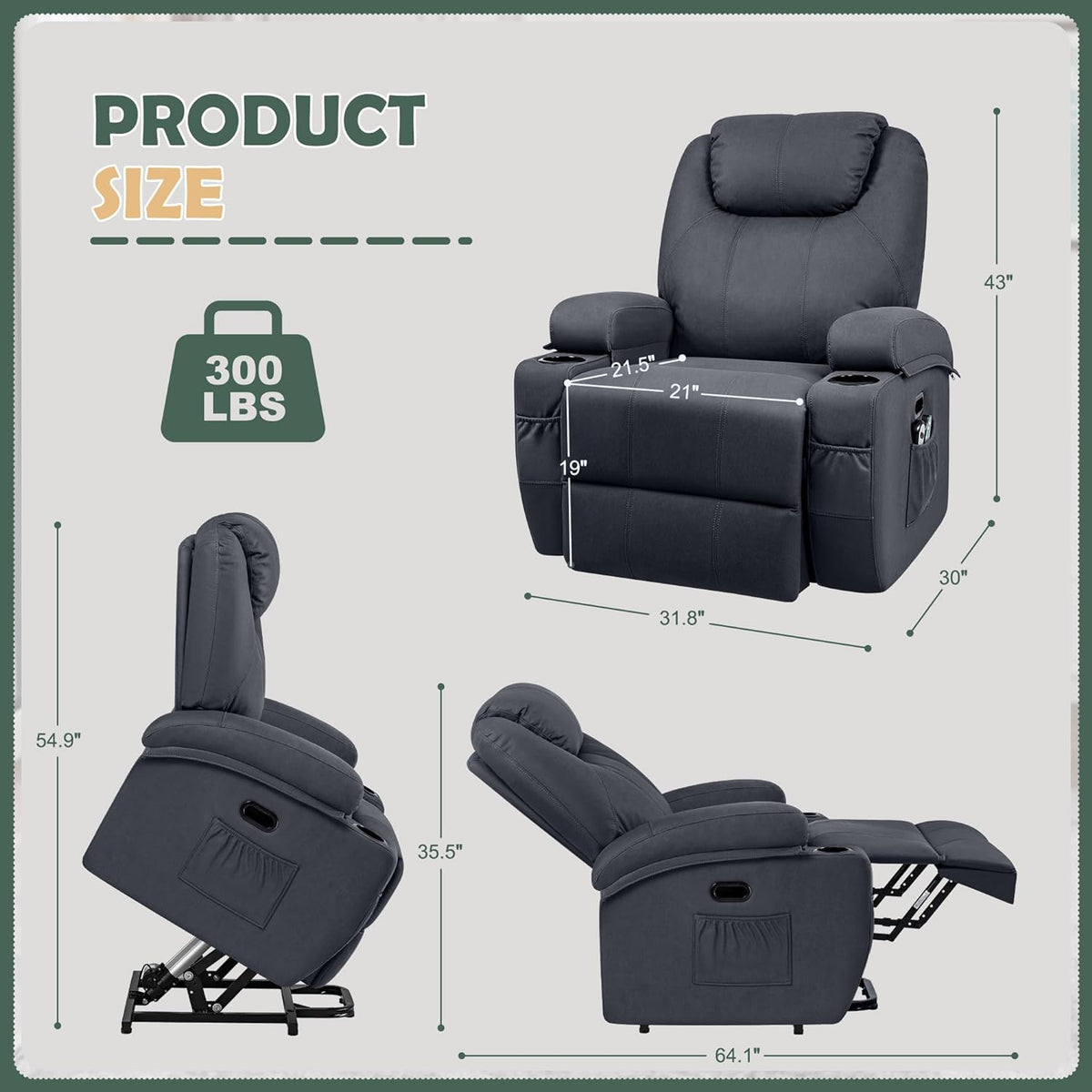 Blue Fabric Power Lift Recliner Chair with Massage and Heat S883