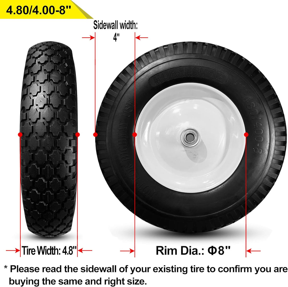 Black 4.80/4.00-8 Flat Free Wheelbarrow Tire with Steel Rim X8701