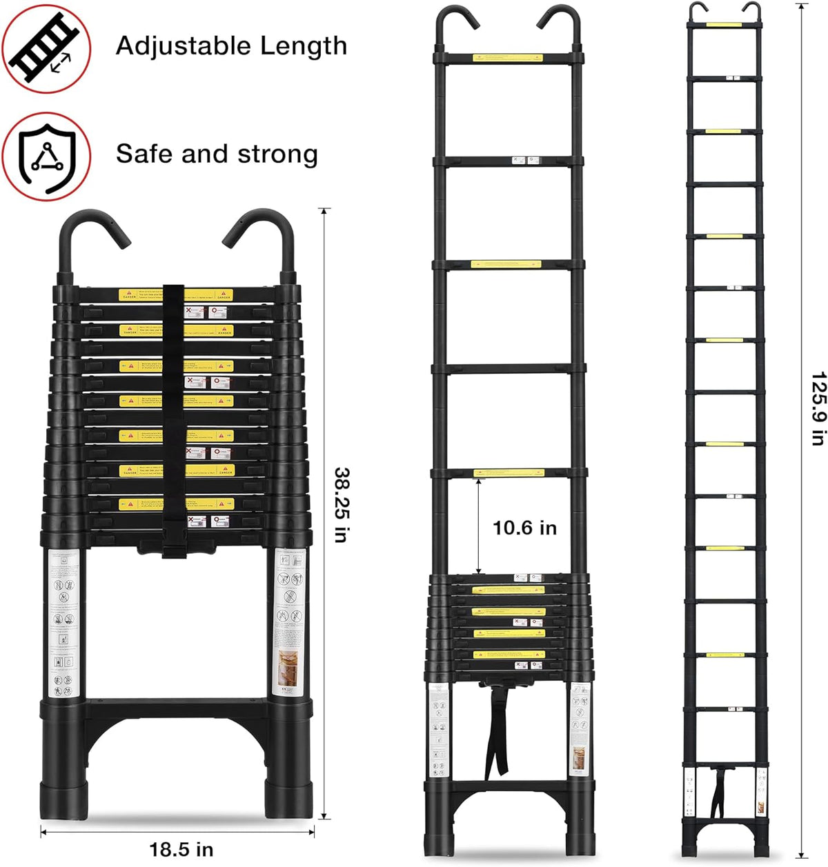 Telescoping Ladder 10.5 FT Aluminum with 2 Detachable Roof Hooks and 2 Triangle Stabilizers F882