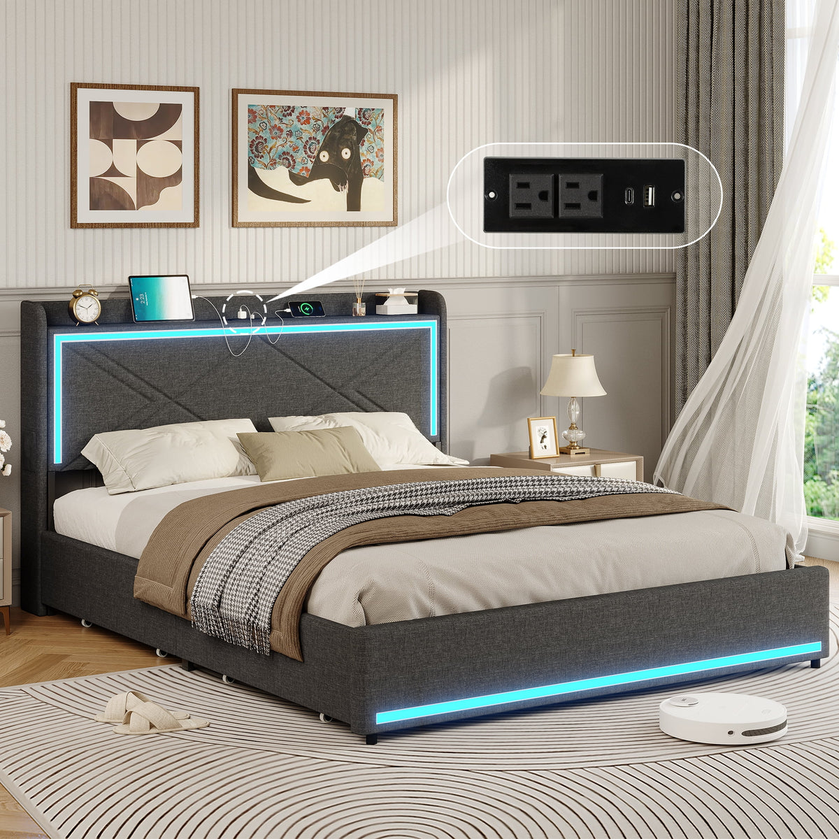Queen Bed Frame with LED Lights Headboard and Charging Station, Upholstered Platform Bed with Storage Drawers, Dark Gray O735343