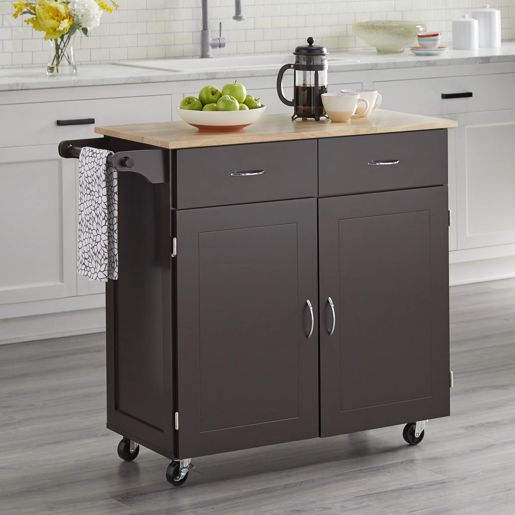 Large Black Kitchen Cart with Wood Top B610532