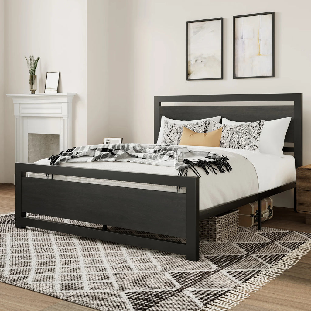 Queen Size Metal Platform Bed Frame with Headboard & Footboard H177681
