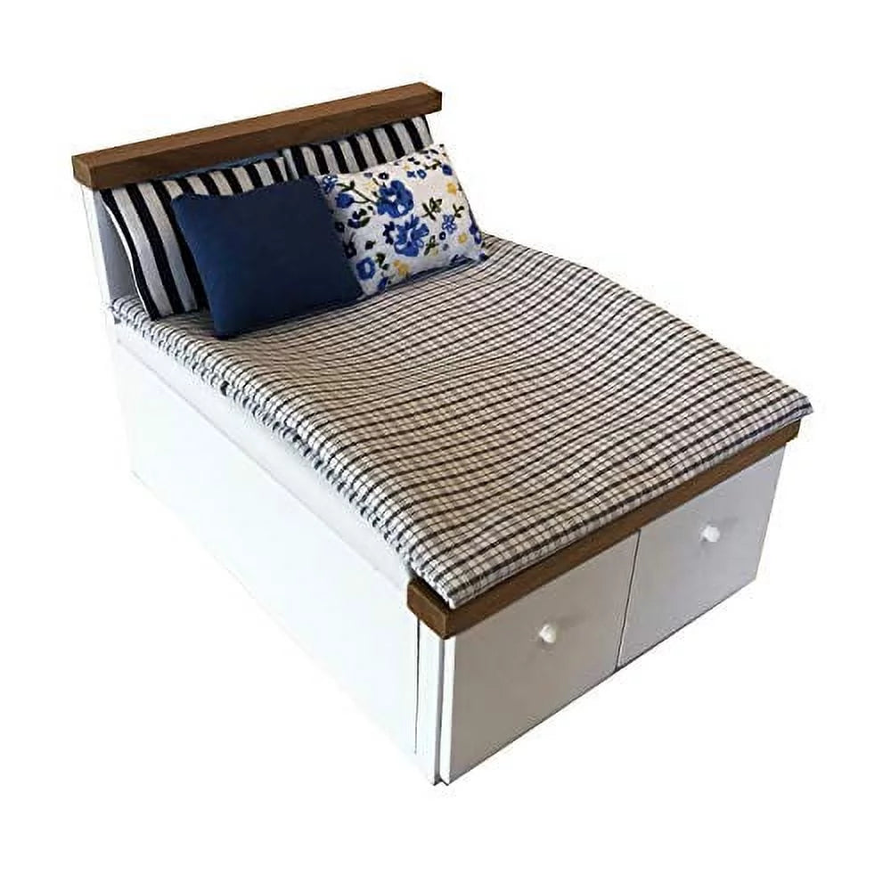 Wooden Dollhouse Queen Bed with Bedding and Drawers 1/12 Scale C1107