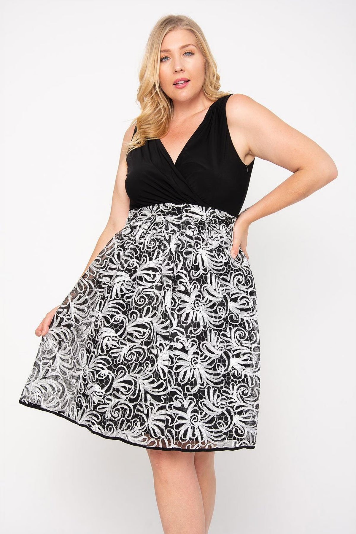 Soutache Fit & Flare Dress (16, Black/White) K89291