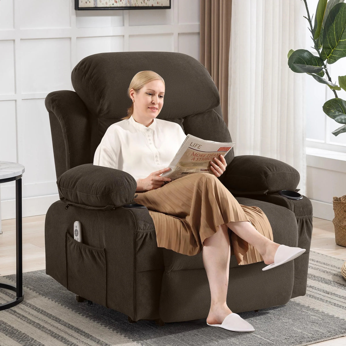 Brown PU Leather Power Lift Recliner Chair with Massage and Heating S638179