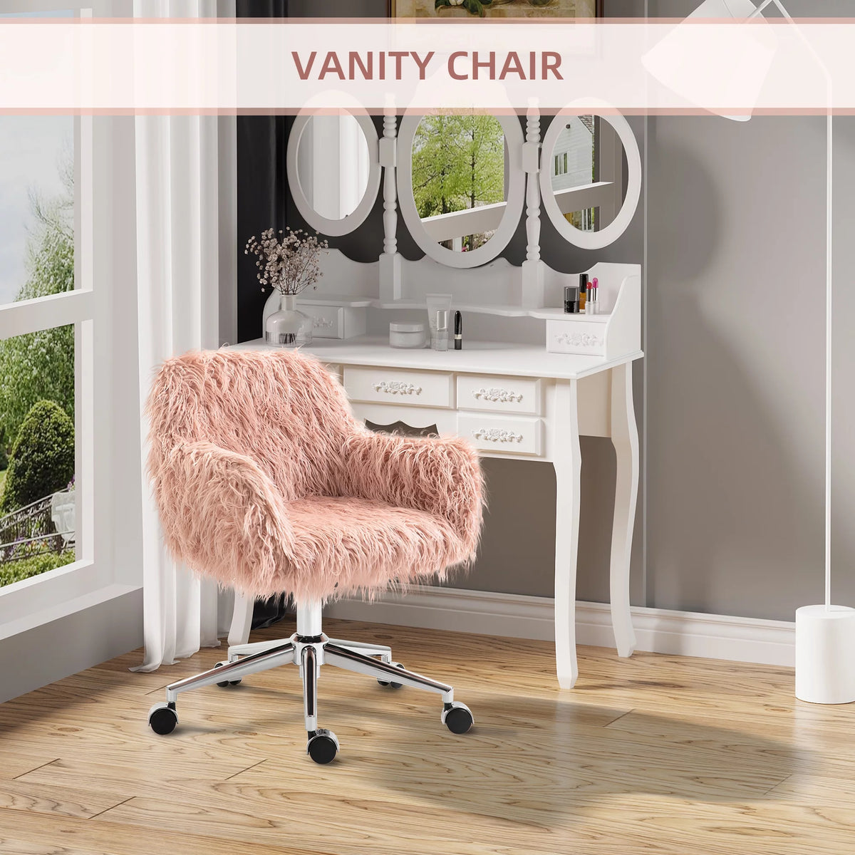 Pink Faux Fur Swivel Desk Chair with Wheels Y5716