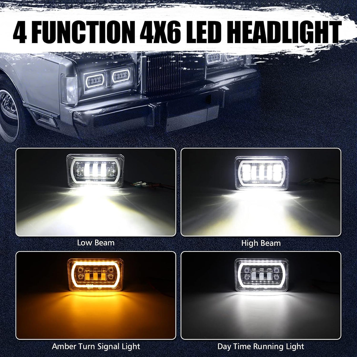 4x6 LED Headlights with White DRL Amber Turn Signal Halo Light J834995
