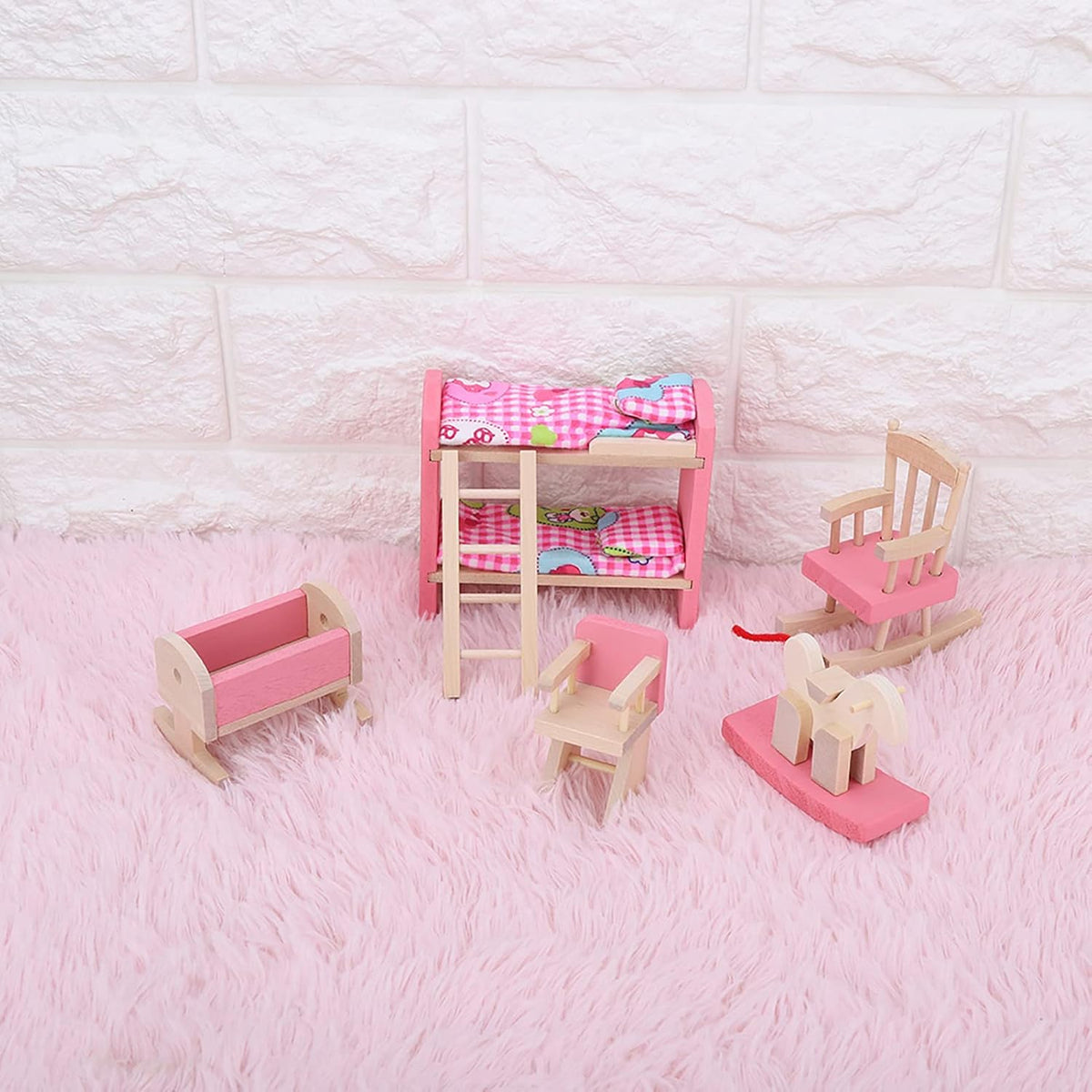 6 Different Rooms Wooden Dollhouse Furniture with Cushion and Towel F121998