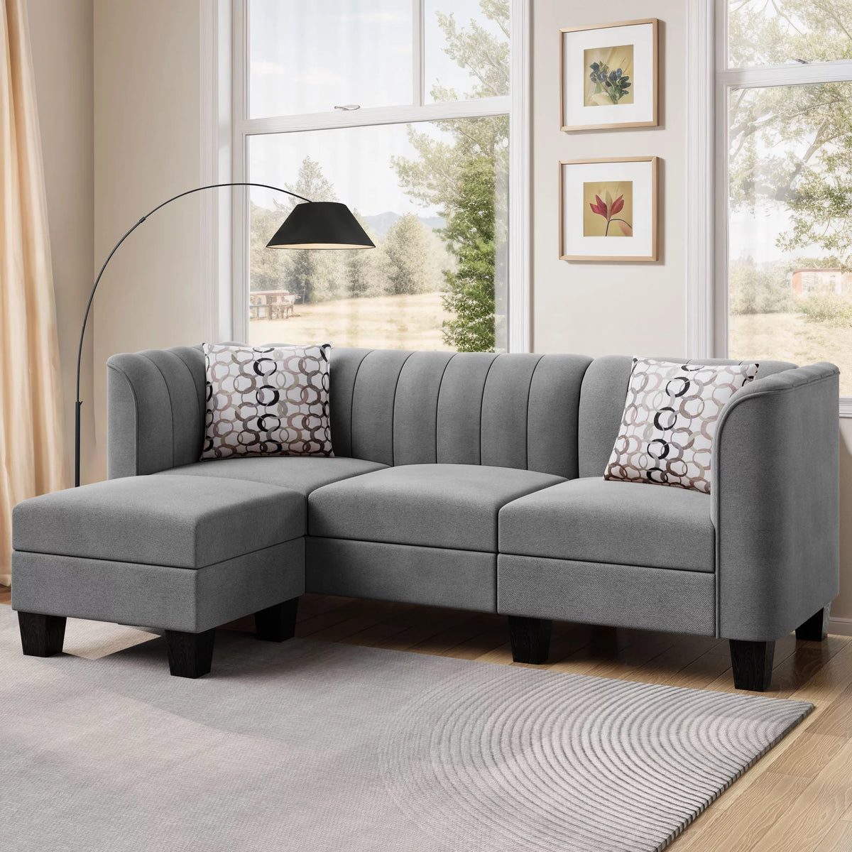 Black L Shaped Linen Fabric Sectional Sofa V106