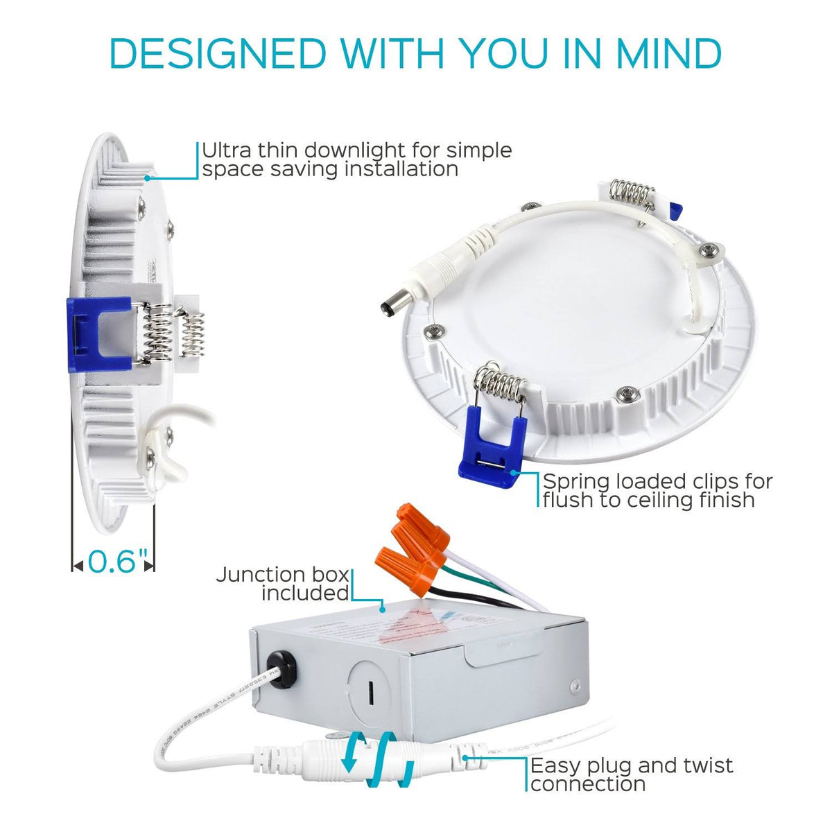 4 inch Ultra Thin LED Recessed Light with J-Box, 10W, 2700K Warm White Dimmable, 650 Lumens, IC Rated I300