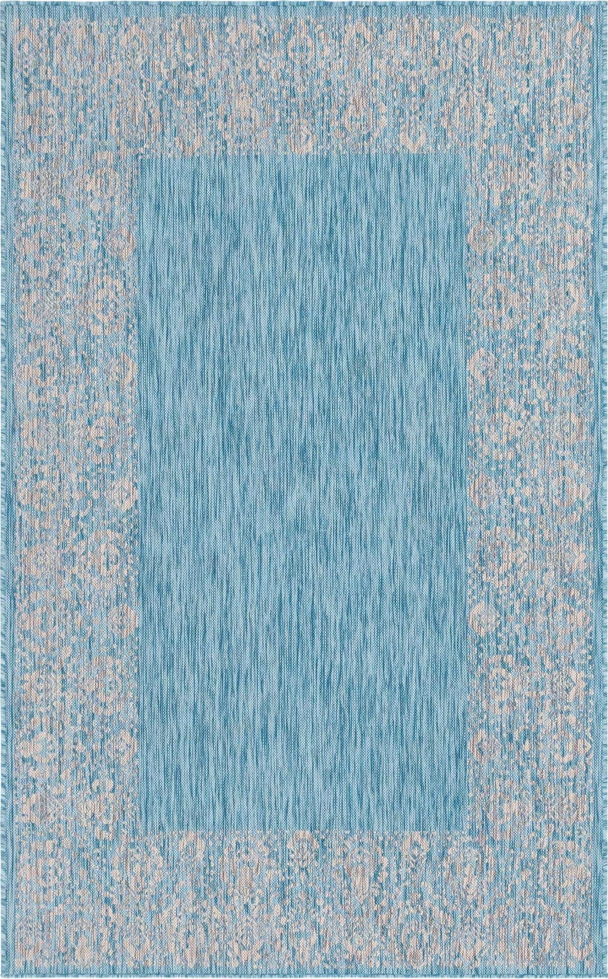 Aqua Ivory Floral Border Indoor/Outdoor Rug 5' 1" x 8' H498238