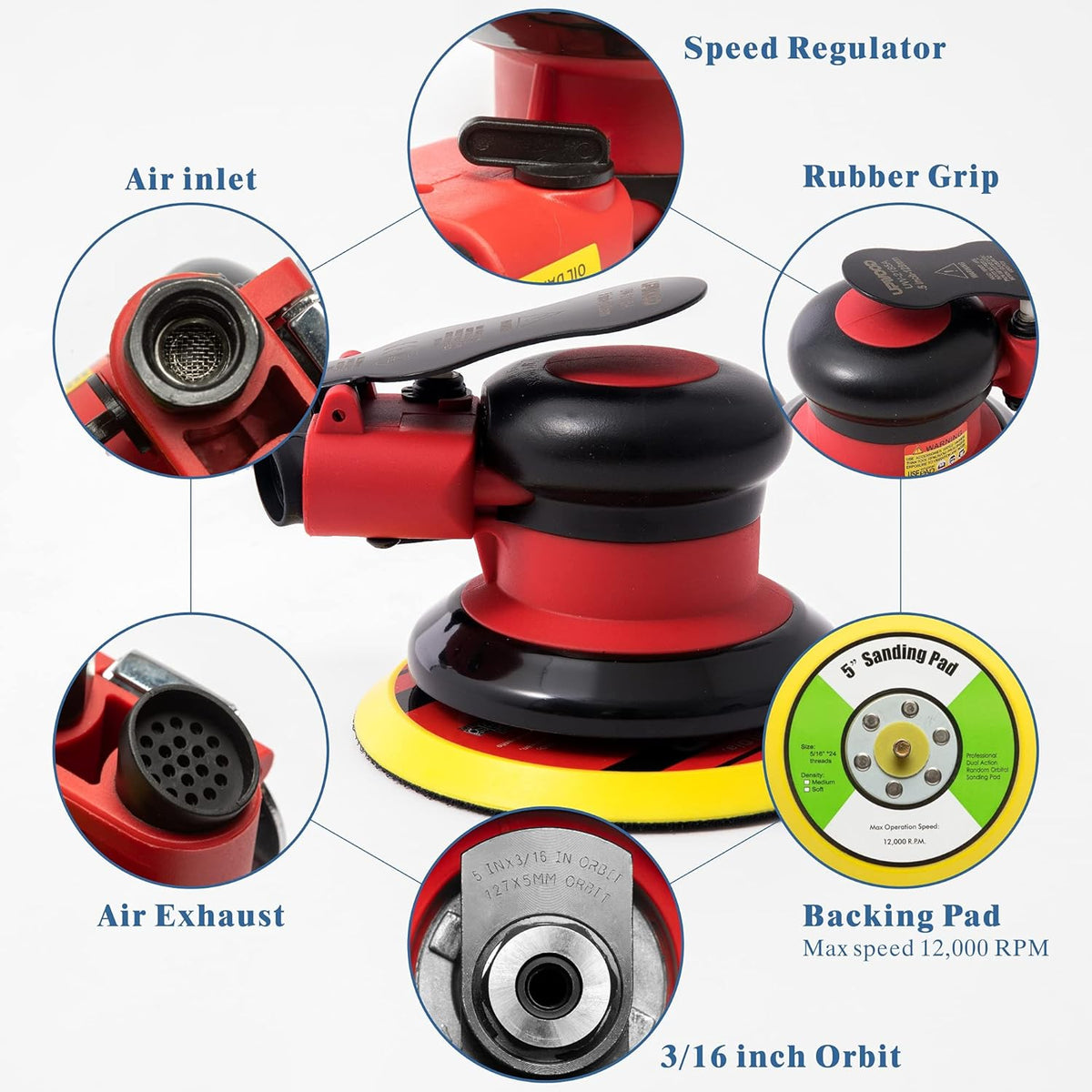 5 inch Air Random Orbital Sander, Dual Action Pneumatic Palm Sander, Pack of 2 U40056
