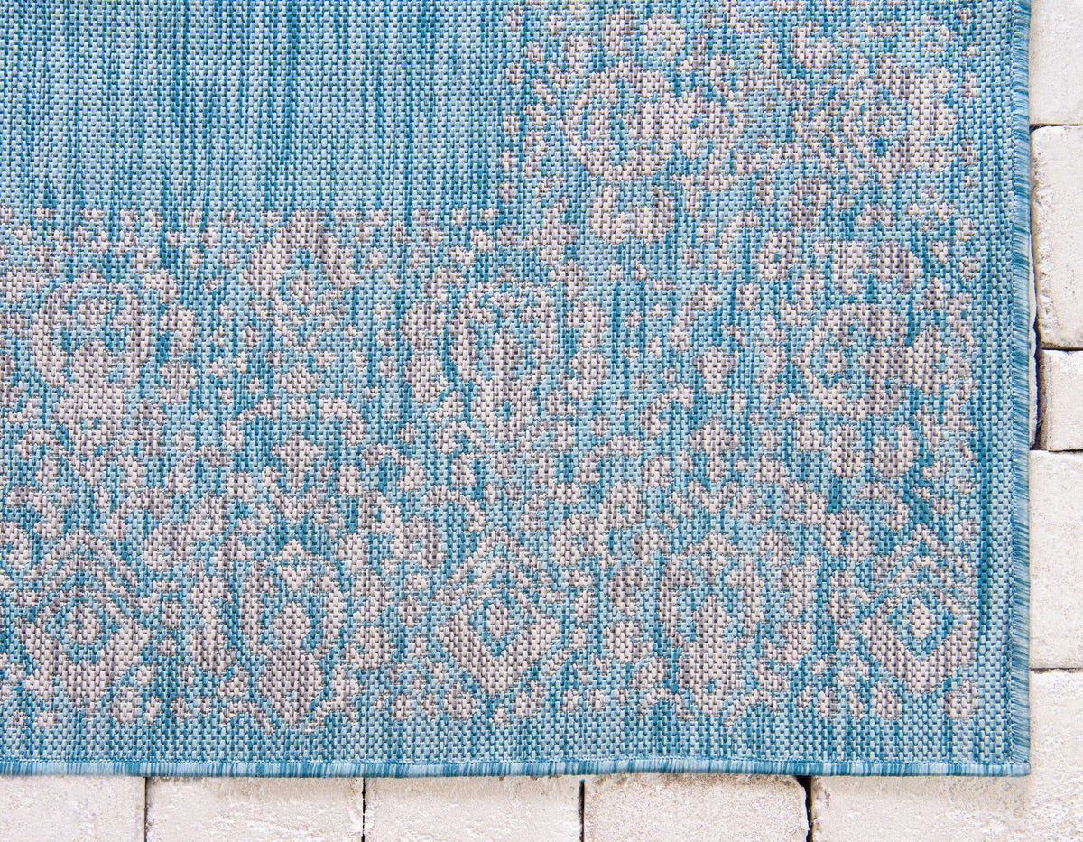 Aqua Ivory Floral Border Indoor/Outdoor Rug 5' 1" x 8' H498238