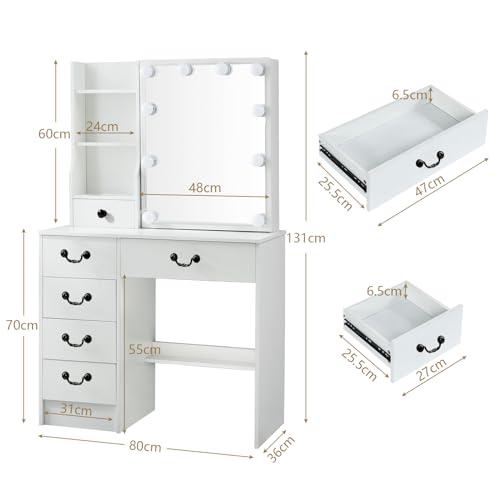 White Vanity Desk with Mirror and Light and Drawers N17686
