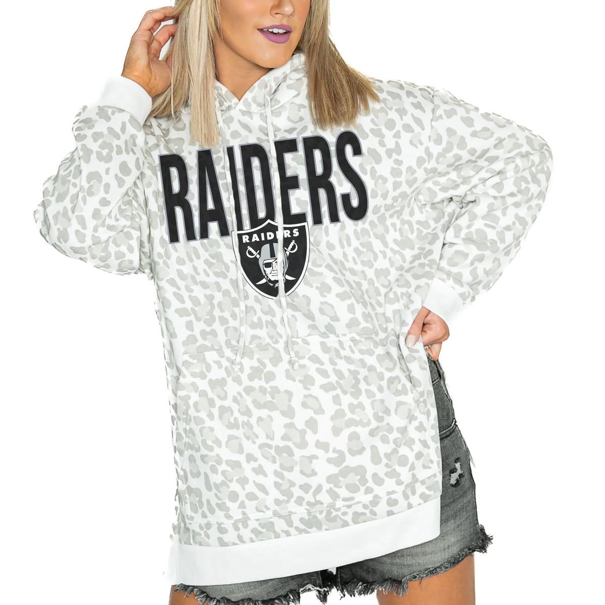 White Leopard Side Slit Pullover Hoodie R9319