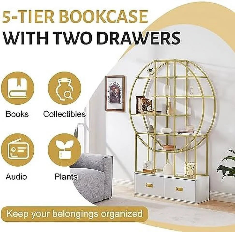 4 Tiers Bookcase Bookshelf with Cabinets Gold Frame Q8081