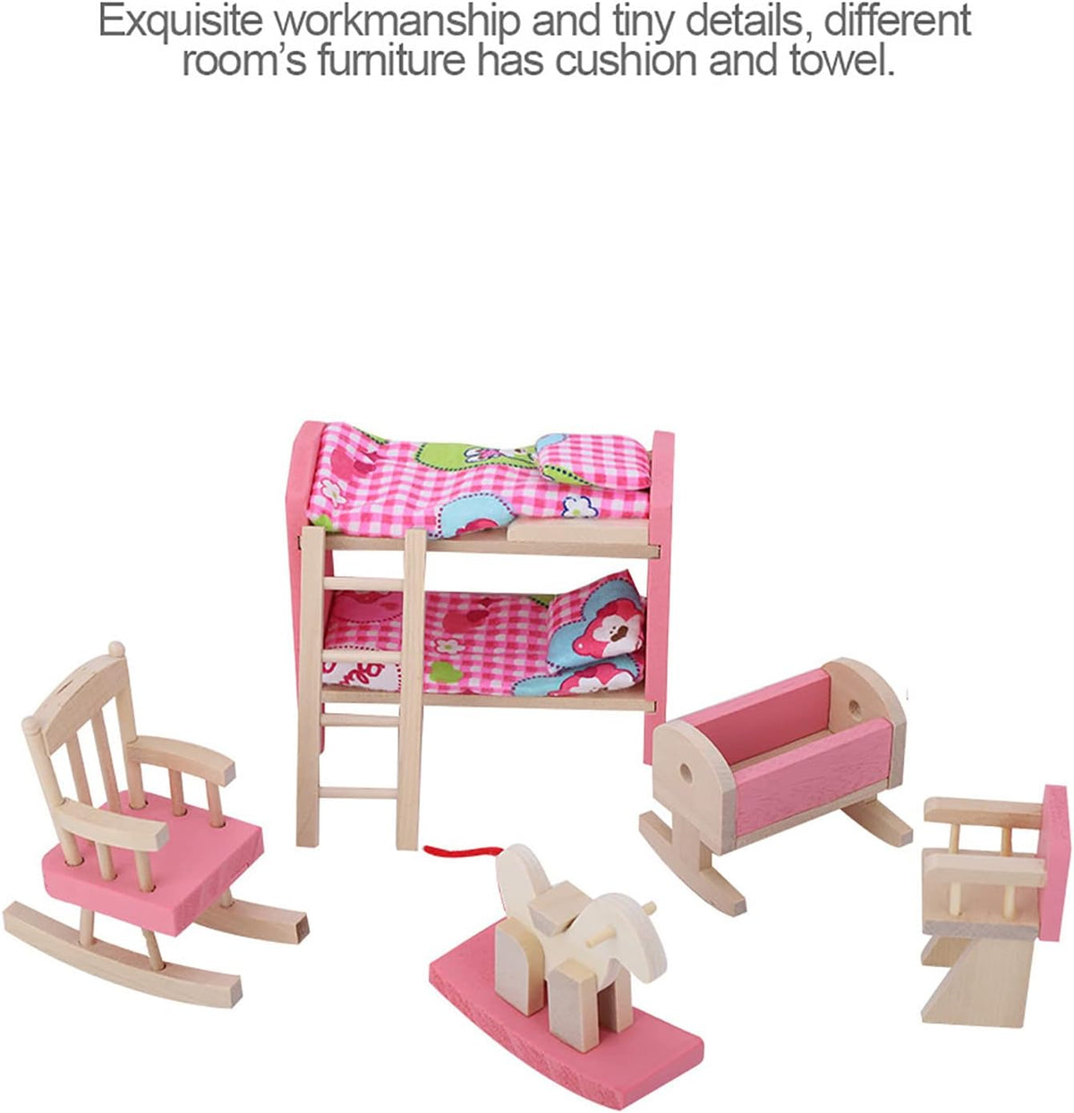 6 Different Rooms Wooden Dollhouse Furniture with Cushion and Towel F121998