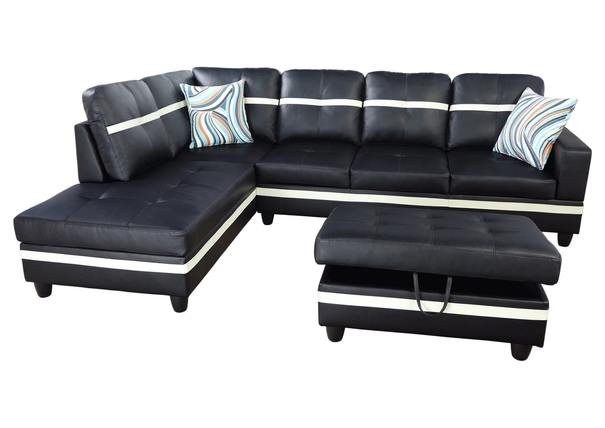 Black Faux Leather Sectional Sofa Set with Storage Ottoman L660515