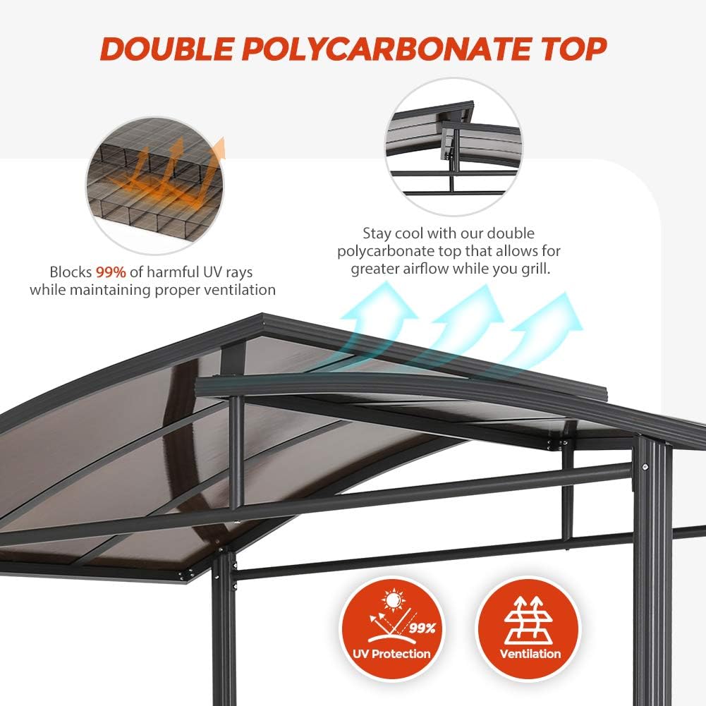 8'x5' Steel Frame Double-Tier Polycarbonate Top Grill Gazebo with Shelves L4876