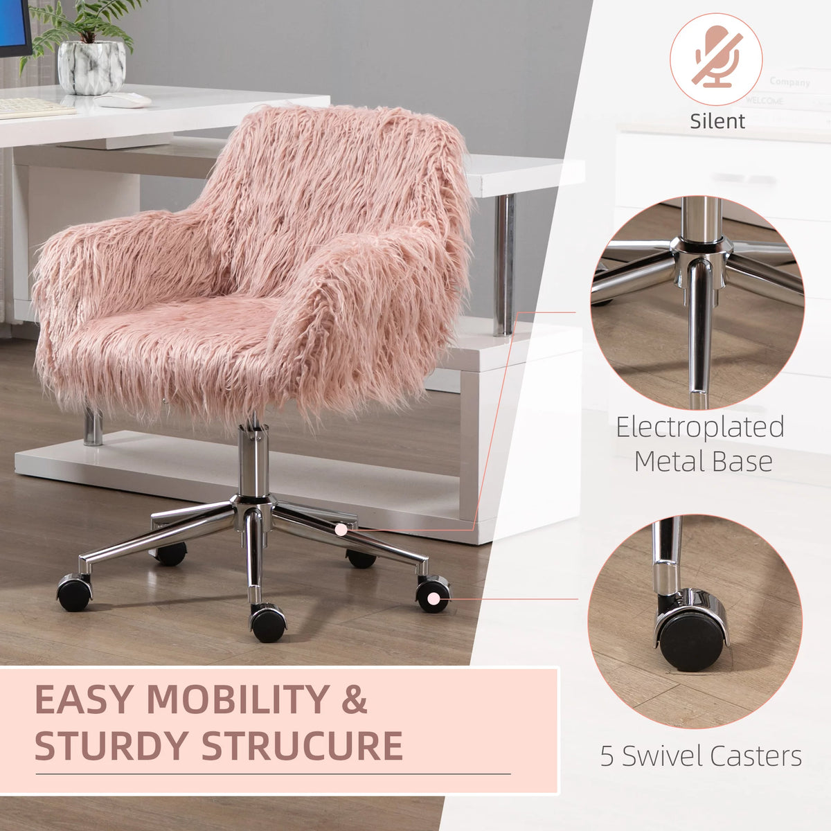 Pink Faux Fur Swivel Desk Chair with Wheels Y5716
