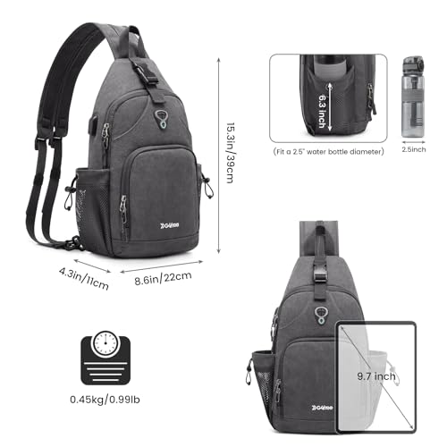 Canvas Sling Bag Crossbody Backpack with USB Charging Port (Dark Grey) O2178